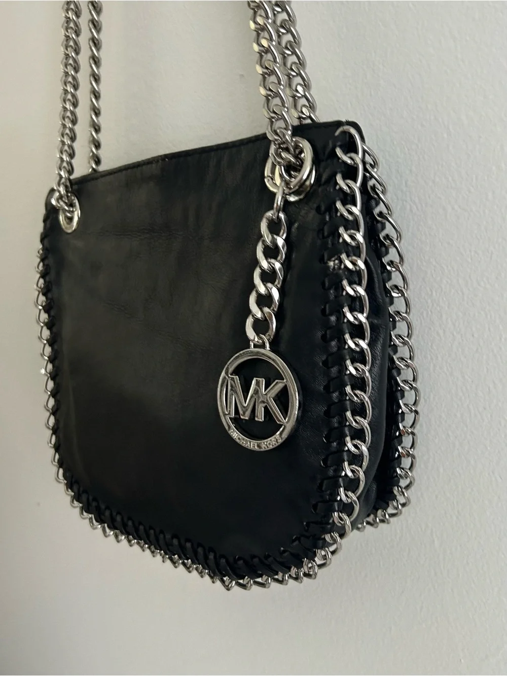 Michael Kors Black Leather Chain Shoulder Bag Silver Hardware